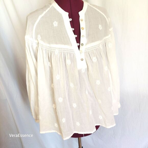 Electric & Rose Sasha Top Tunic Sheer Cotton Shirt in Cloud White Embroidered M - Picture 1 of 12